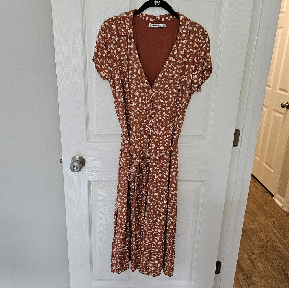 Abercrombie & Fitch Button Down Floral White Rust Orange Brown Midi Dress